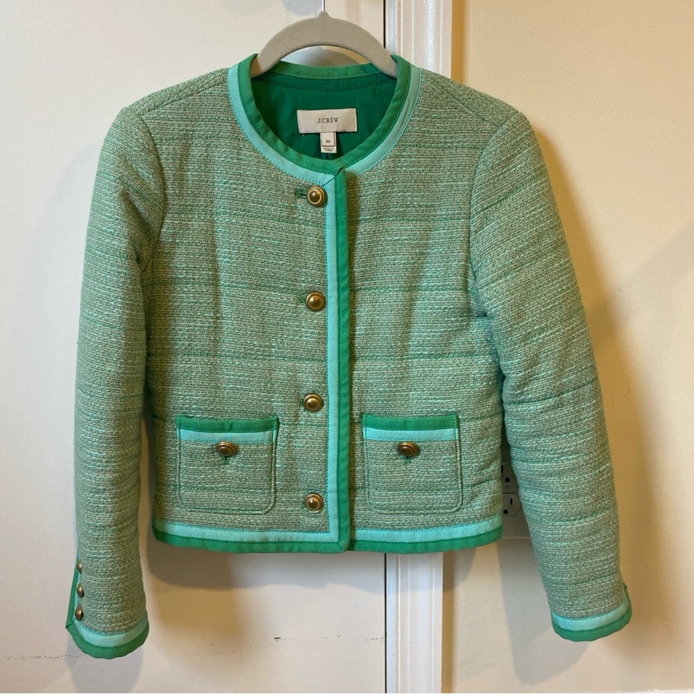 J. Crew Spearmint Green Tweed Collarless Jacket size 00
